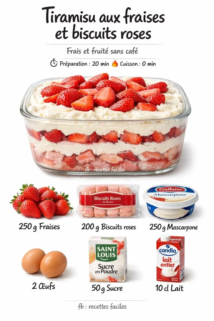 Tiramisu with strawberries and pink biscuits from Reims