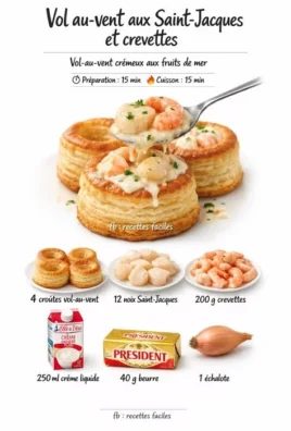 Vol-au-vent garni de Saint-Jacques et crevettes, plat gourmet élégant.