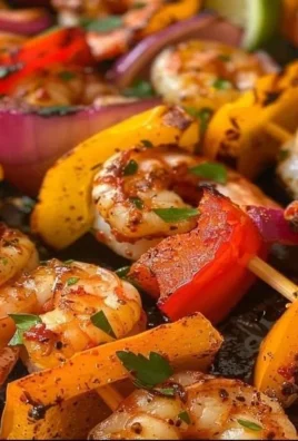 Juicy grilled shrimp kabobs ready to eat, featuring colorful vegetables.