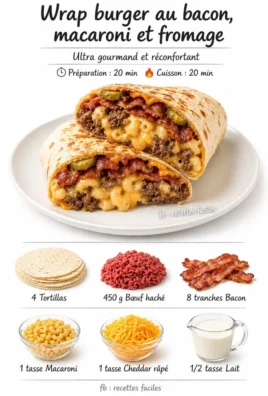 Bacon, macaroni and cheese wrap burger served on a wooden platter