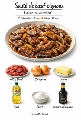 Delicious beef sauté with caramelized onions in a skillet