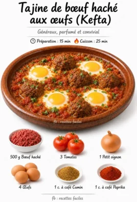Delicious Beef Tagine with Eggs served in a traditional Moroccan pot