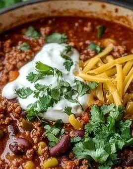 Bowls of best ground beef stovetop chili topped with cheese and herbs