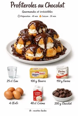 Delicious chocolate profiteroles drizzled with rich chocolate sauce