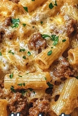 Creamy Parmesan Beef Rigatoni topped with cheese and herbs