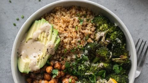 Crispy Quinoa Chickpea Bowls with Roasted Broccoli and Meyer Lemon Tahini Sauce
