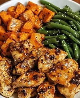 Delicious honey garlic chicken with sweet potatoes ready for dinner