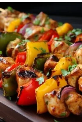 Easy oven-baked chicken kabobs on a grill with colorful veggies