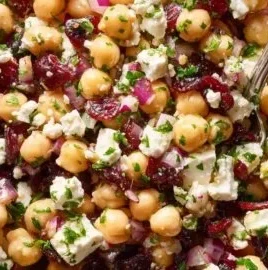 Feta and Cranberry Chickpea Salad served in a bowl.