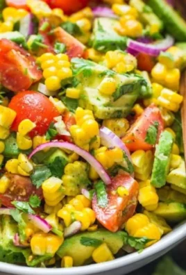 Bowl of fresh corn salad with colorful vegetables and herbs