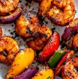 Delicious Grilled Cajun Shrimp Kabobs on skewers ready to be served.