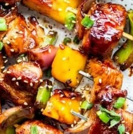 Grilled Chicken Teriyaki Kabobs garnished and ready to serve