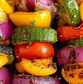 Colorful grilled veggie kabobs with bell peppers, zucchini, and mushrooms on skewers.
