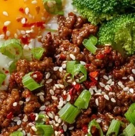 Korean Ground Beef Bowl with vegetables and rice