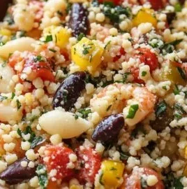 Colorful Mediterranean Couscous bowl with vegetables and herbs