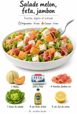 Refreshing melon feta ham salad served in a bowl