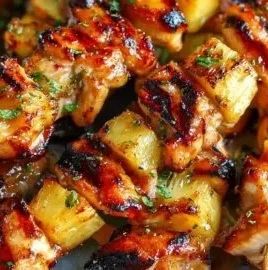 Juicy pineapple chicken kabobs grilled to perfection on skewers.
