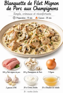 Delicious Pork Tenderloin Blanquette with Mushrooms served in a creamy sauce.