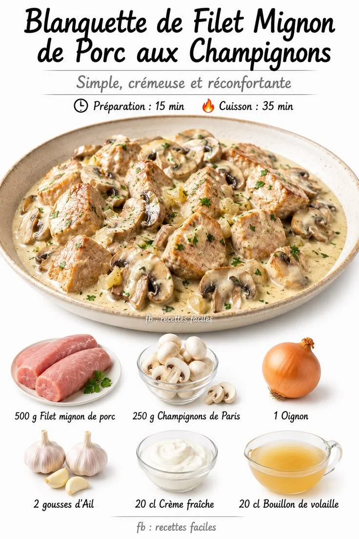 Delicious Pork Tenderloin Blanquette with Mushrooms served in a creamy sauce.