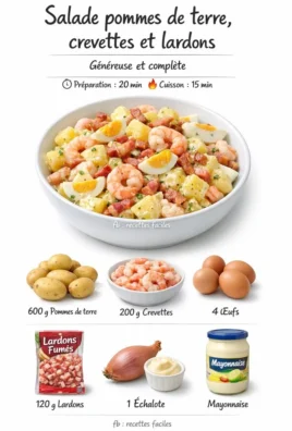 Delicious potato salad with shrimp, hard-boiled eggs, and crispy bacon in a bowl.