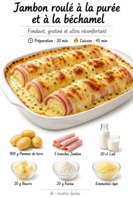 Rolled ham with creamy mashed potatoes and béchamel sauce on a plate