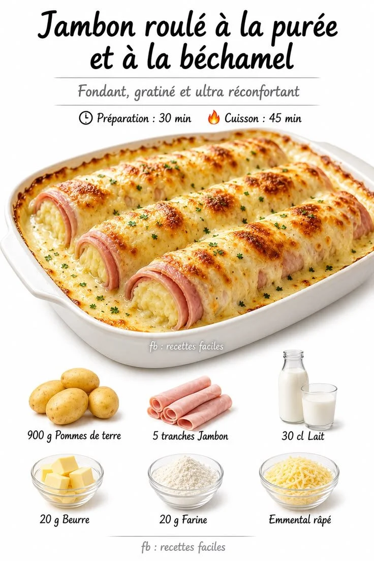 Rolled ham with mashed potatoes and béchamel