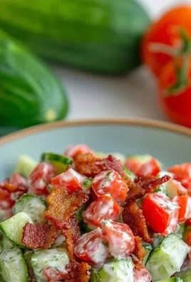 Savory cucumber salad topped with crispy bacon and fresh vegetables.