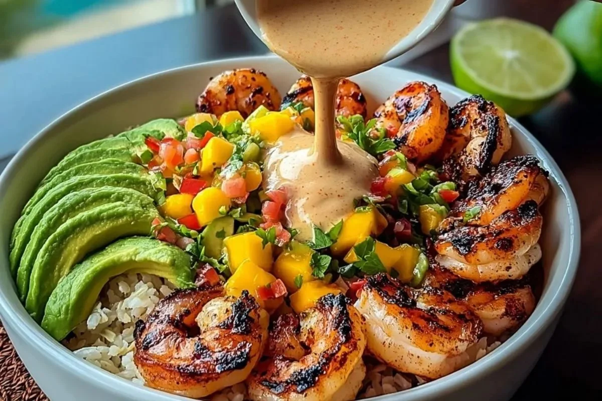 Shrimp and Avocado Bowls with Mango Salsa & Lime-Chili Sauce