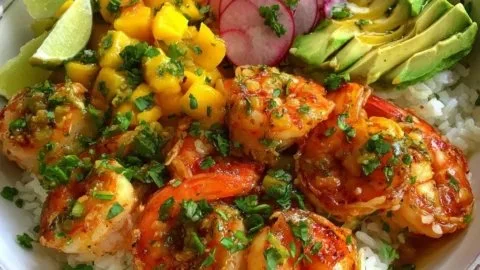 Shrimp and Avocado Bowls with Mango Salsa & Lime-Chili Sauce