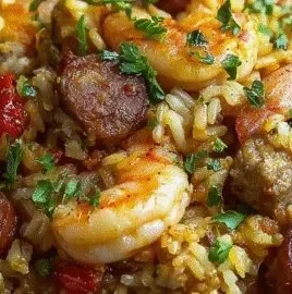 Plate of shrimp sausage dirty rice served with herbs and spices.