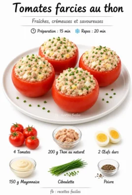 Stuffed tomatoes filled with tuna, herbs, and spices on a plate.