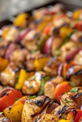 Grilled summer chicken kabobs skewered with colorful veggies