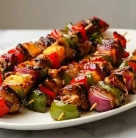 Grilled teriyaki chicken skewers garnished with sesame seeds and green onions