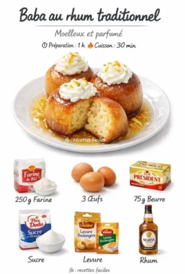 Delicious Traditional Rum Baba dessert soaked in rum and garnished with cream.