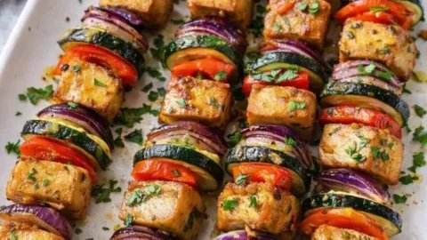 Vegan Grilled Lemon-Herb Tofu Skewers with Corn & Tomato Salad