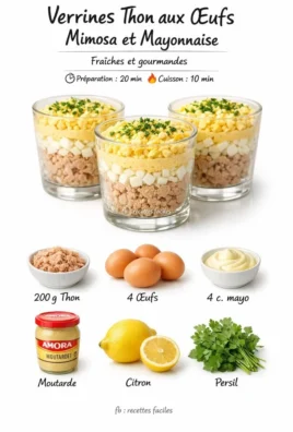 Verrines thon aux œufs mimosa et mayonnaise, présentation élégante d'un apéritif.