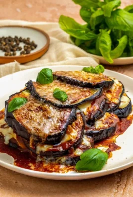Plate of authentic Italian Eggplant Parmesan with layers of eggplant and cheese
