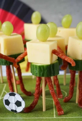 Colorful cheese skewers ready for a soccer party appetizer