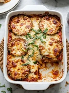 Classic Eggplant Parmesan dish with layers of eggplant, marinara sauce, and mozzarella cheese.