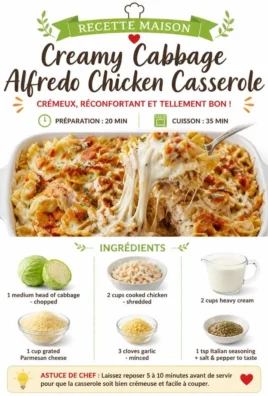 Creamy Cabbage Alfredo Chicken casserole topped with cheese.