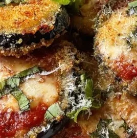 Crispy baked eggplant parmesan dish served with fresh herbs
