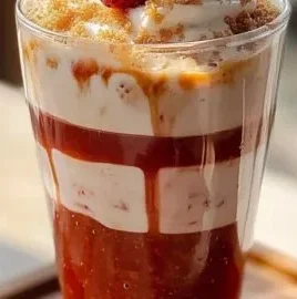 Strawberry cream cold foam iced coffee topped with fresh strawberries and whipped cream.