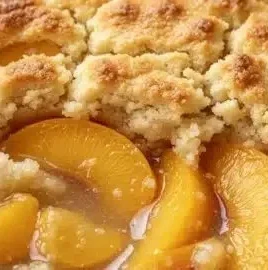 Delicious easy canned peach cobbler topped with golden crust and fresh peaches