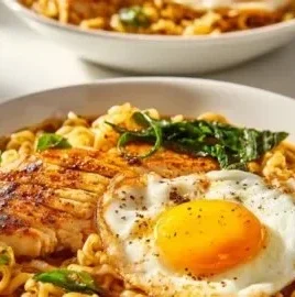 Fiery Buldak Ramen Bowl with chicken and a jammy egg served in a bowl.