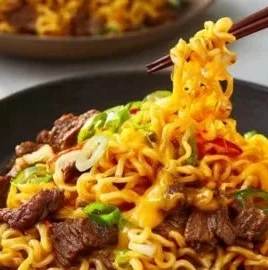 Spicy Korean Beef Ramen Cheese Bowl with toppings and a spicy broth